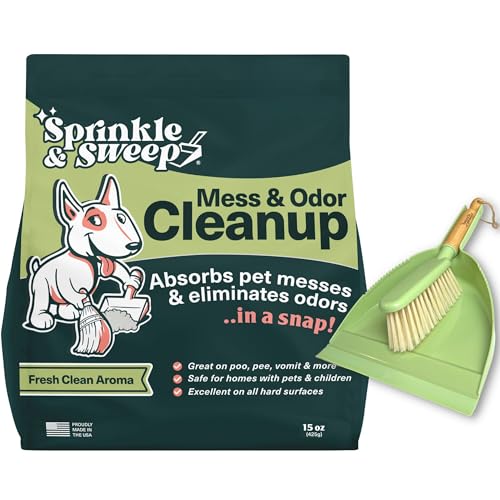 Sprinkle & Sweep: Pet Mess & Odor Cleanup Duo - 15oz Bag & Dustpan Broom - Dog Accident Clumping Powder, Remove Urine-Poop-Vomit from Hard Services