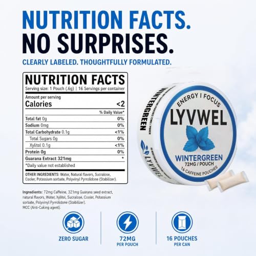 Image of LyvWel 72mg Caffeine Energy Pouches - Wintergreen - Crisp Mint Energy with Guarana - 5-Pack (80 Total Pouches)