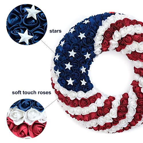 Egolot 18Inch Patriotic Roses Wreath, 4Th Of July Summer Soft Touch Foam Roses Wreath For The Front Door, Handcrafted Memorial Day Artificial Flowers Wreath For Indoor And Outdoor #TOP2