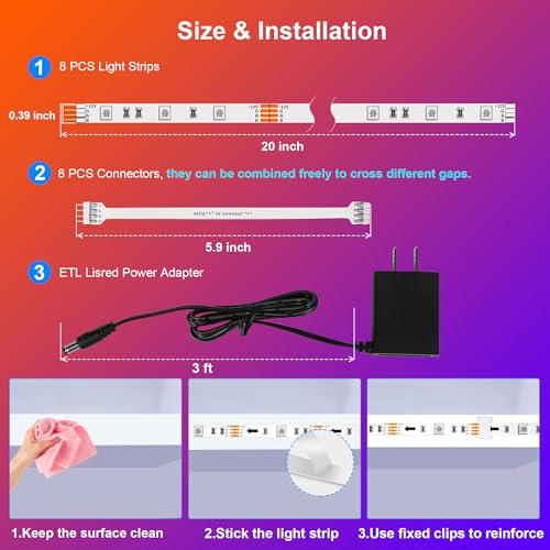 maylit 8 PCS RGB Under Cabinet Lighting Kit, App and Remote Control Strip Lights, Music Sync Color Changing Led Lights with ETL Listed Power Adapter, for Cabinet, Counter, Shelf, Bookcase, 13ft