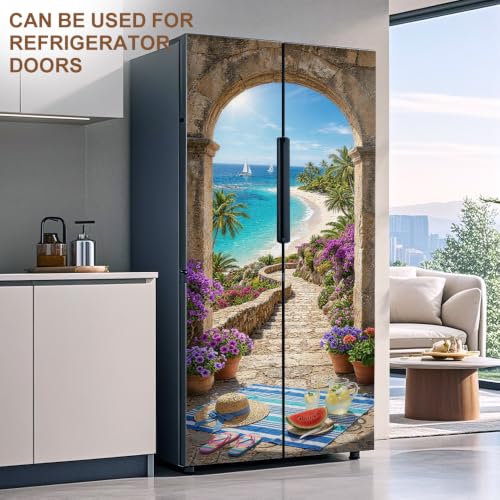 Image of Stone Arch Door Mural, Ocean View Door Cover, 30.3x78.7in