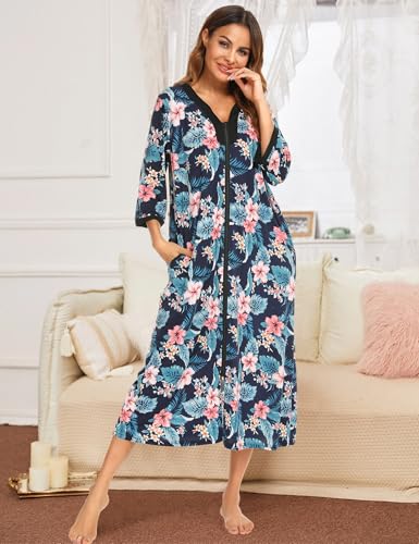 Image of Bloggerlove House Dresses for Women Zip Up Robes Soft Cotton Nightgown Half Sleeve House Coat Long Night Gowns Sleepwear