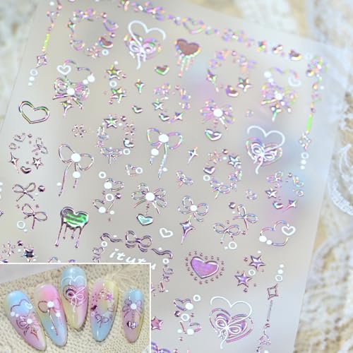 Image of Valentine's Nail Stickers Heart Nail Art Stickers Romantic Rose Gold with Bow Design Pink Nails Decals 5D Embossed Self Adhesive Nails Charms Supply for Women Manicure DIY Decoration