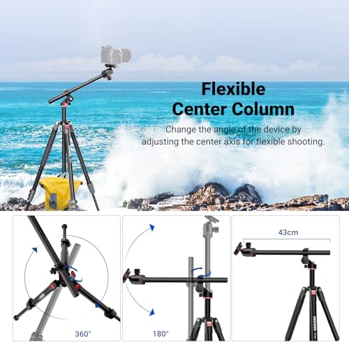Image of NEEWER Overhead Horizontal Camera Tripod Monopod with Ball Head & Flexible Center Column, 90 Inch Tall Metal DSLR Video Travel Stand, Arca Type QR Plate & Inverted Legs, Max Load 13.2 lbs, TP63