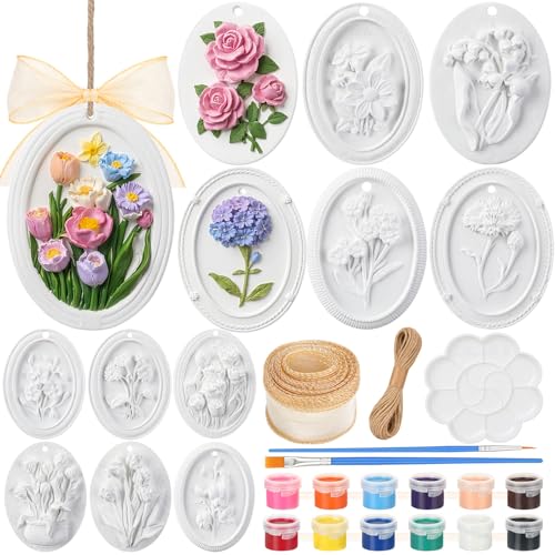 Teyva Daily 12 Sets Flower Ceramic Painting Kit DIY Ceramic to Paint Your Own Flower Unpainted Plaster Figurines with Brushes Color Paints Palette Ribbon Twine Party Favor Birthday Gifts(Delicate)