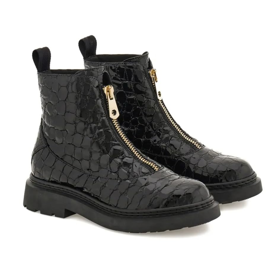 Womens Chunky Combat Boots Crocodile-Effect Leather Ankle Boots Front Zipper Round Toe Booties For Party Vacation Casual Vacation