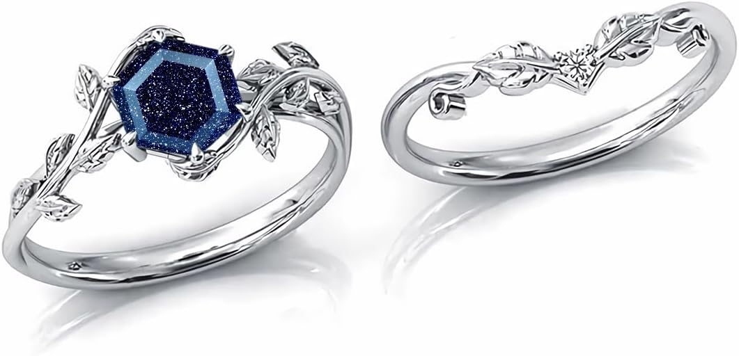 Gemstone Engagement Ring Set 1ct Hexagon Cut Gemstone and Moissanite Wedding Ring Sets for Women Art Deco Vine Leaf Bridal Sets Anniversary Promise Ring