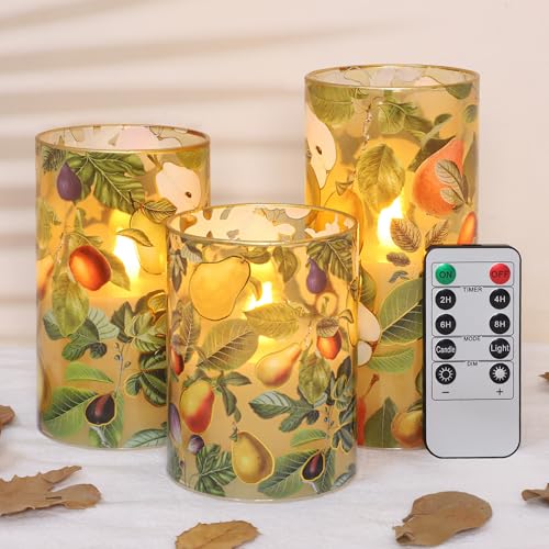 Image of Fall Decor Flameless Candles, Autumn Harvest Berries Led Candles, Glass Battery Candle with Remote Timer, Maple Leaves Pumpkin Pillar Candles for Harvest Festive,Thanksgiving, Halloween