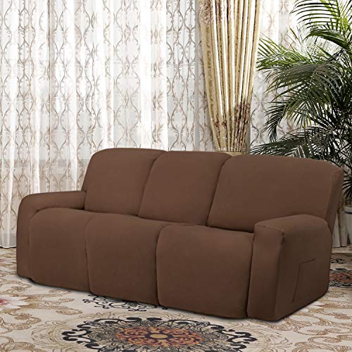 Image of Easy-Going 8 Pieces Microfiber Stretch Sectional Recliner Sofa Slipcover Soft Fitted Fleece 3 Seats Couch Cover Washable Furniture Protector with Elasticity for Kids Pet(Recliner Sofa,Brown)