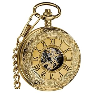 VIGOROSO Vintage Hand Wind Up Pocket Watches for Men, Mechanical Pocket Watch with Chain, Mens Skeleton Pocketwatch