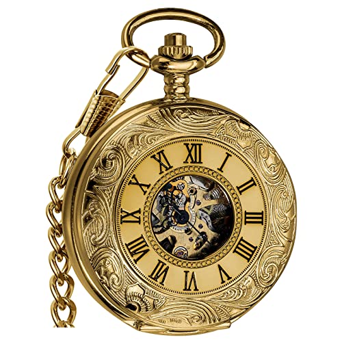VIGOROSO Vintage Hand Wind Up Pocket Watches for Men, Mechanical Pocket Watch with Chain, Mens Skeleton Pocketwatch