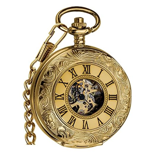 VIGOROSO Mens Pocket Watch with Chain Half Hunter Double Cover Skeleton Mechanical Watches Gold Roman Numeral in Box