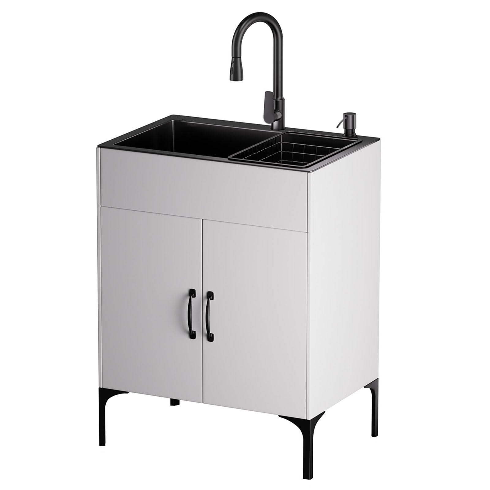 Freistehende Küchenspüle mit Unterschrank Edelstahl Gewerbliche Spültisch mit Spültischarmatur Ausziehbar und Abflusseinheit für Küche, Outdoor, Waschküche, Camping (Weiß, 60 * 45 * 85cm)