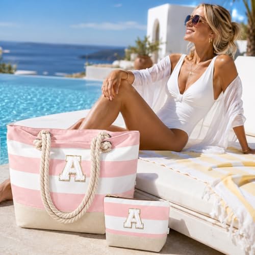 Image of Vavabox Initial Beach Tote Bag for Women, Water-resistant Travel Beach Bag Pool Bag Set, Birthday Gifts for Women Mom