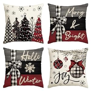 AVOIN colorlife Merry Christmas Joy Xmas Trees Red Throw Pillow Covers, 18 x 18 Inch Christmas Winter Holiday Cushion Case Decoration for Sofa Couch Set of 4