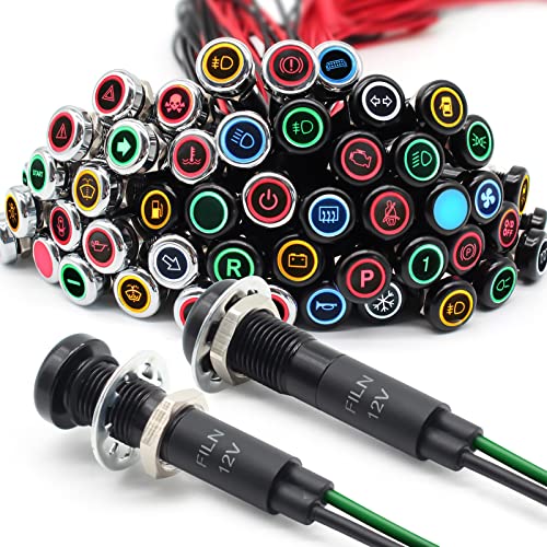 FILN 2pièces 8MM (5/16") 180 symbole voyant led pilote dash lights métal noir signal lampe pour voiture 12v étanche ip67 rouge vert jaune bule blanc avec symboles(Plaqué noir-vert2pcs) Cover