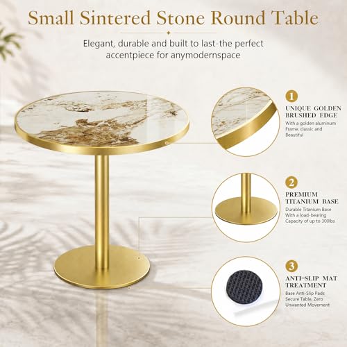 Image of 63 inch Tulip Table, Small Round Dining Table with 1.2 inch Thick Sintered Stone Tabletop and Golden Metal Pedestal Base, Bistro Table for Diner, Bar, Restaurant, kitchen, Bakery, Apartment (Marble Gray)