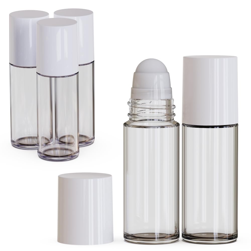 Jagolain 5Packs Glass Clear Roller Bottles 30ml/1 Oz Refillable Essential Oil Perfume Roll on Bottles Empty With White Cap