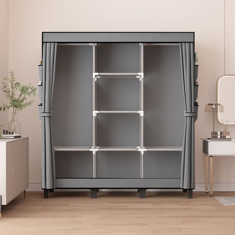 Image of Portable closet, bedroom armoire, clothes storage box, simple hanging clothes wardrobe, suitable for bedrooms, dormitories and rented houses. 51 inch W*17.7 inch D*67.7 inch H (Grey)
