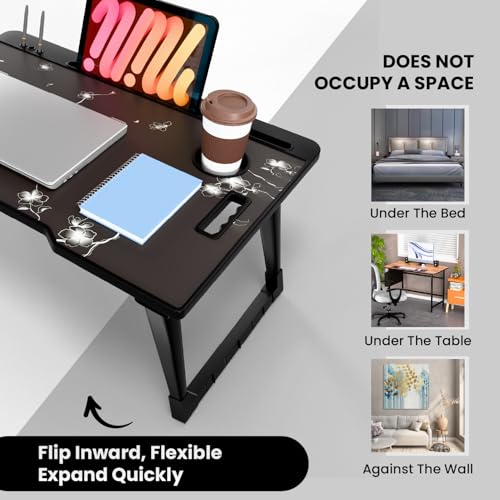 Image of Foldable Wooden Mini Laptop Table for Bed, Study Table with Drawer, Tablet /Mobile Holder for Kids & Adults (COTTED Flowers)