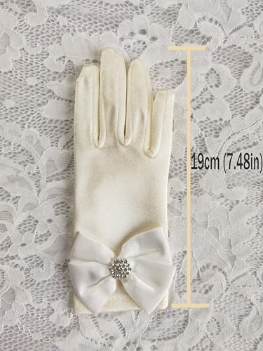 Leimandy Short Satin Gloves Wrist Length Ivory Gloves Flower Girl Tea Party Gloves for Girls Bow First Communion Gloves J22