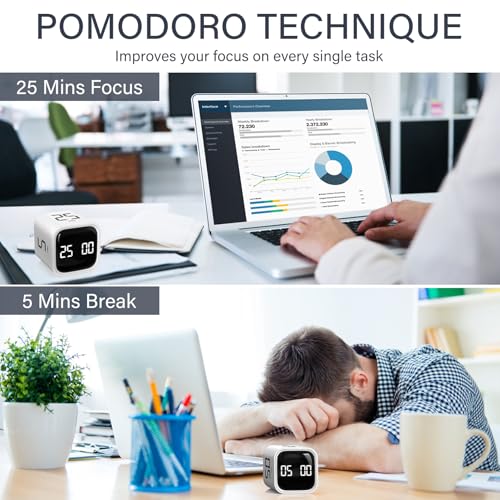 Image of Rotating Pomodoro Timer 5, 25, 10 50 Minutes Preset, Desk Productivity Flip Timer, Cube Countdown Stopwatch for ADHD, Vibration /High /Low Volume, for Work, Study, Back to School, Kitchen, 2 White