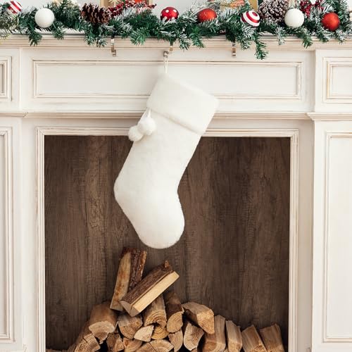 E-FirstFeeling White Plush Christmas Stocking,Large Soft Faux Fur Xmas Stockings,Rustic Hanging Stockings Ornaments for Christmas Decorations Holiday Season Decor - Thumbnail 2