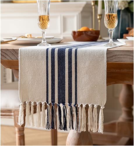 Boho Table Runner for Modern Farmhouse Decor, Dining Table décor 13 x 72 Inch Long with Handcrafted Tassels, Navy Blue and Beige Stripe Table Runner for Home Boho décor by Caflife - Used condition - US$16.14