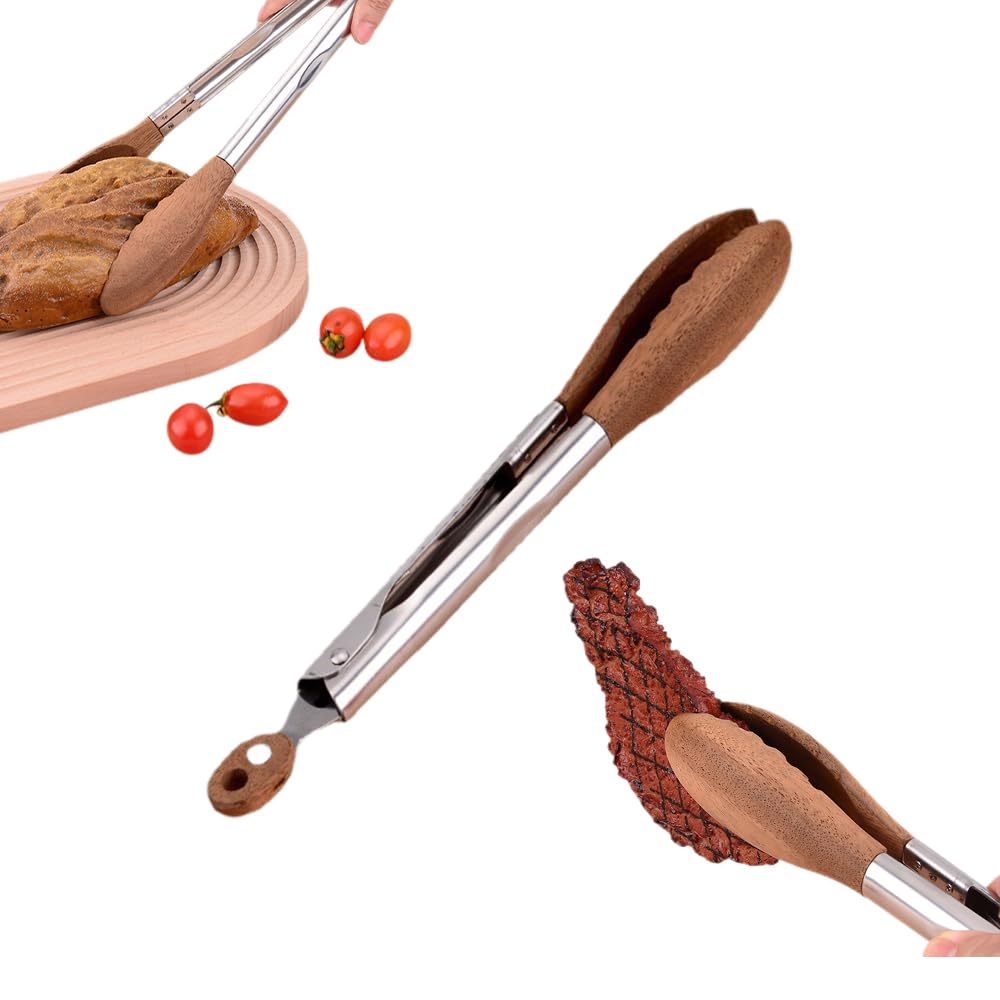 Cooking Tongs, Walnut Wood Tongs, Cooking Tong, Stainless Steel Non-Slip Walnut Salad, Wooden Tong Cookware, Barbecue for Cook and Kitchen, Salad