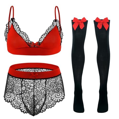 Happy Cherry Verstellbarer Riemen Rüschen Spitze Trim Bralette für Männer Bowknot Leichte Sexy Unterwäsche für Schlafzimmer Hochzeitsnacht...