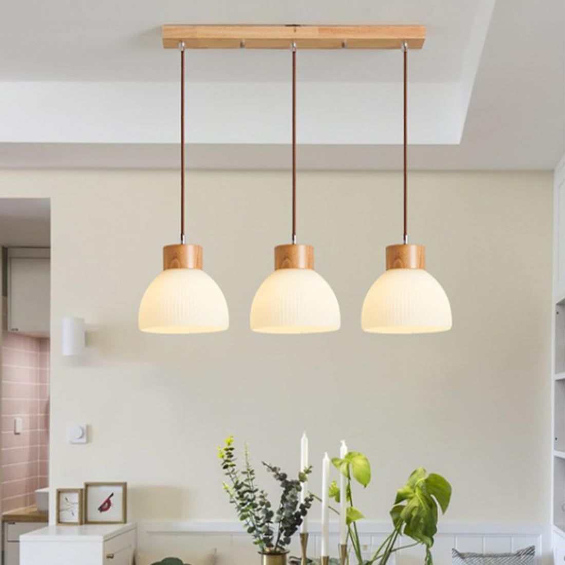 LED Pendelleuchte Holz Vintage Esszimmerlampe Modern Weißes Glas Schirm D55