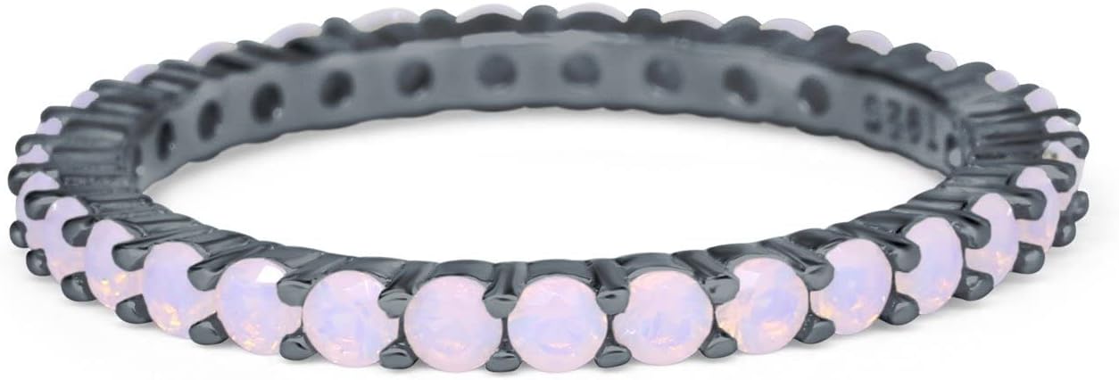 Blue Apple Co. 2mm Full Eternity Stackable Engagement Band Ring Round Lab Created Opal 925 Sterling Silver