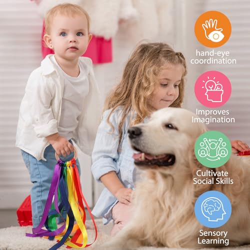 2pcs Rainbow Wood Hand Kite for Toddlers and Kids Ring Dancing Ribbon Streamer Sensory Toys Dance Props Circles Wood Rattle Outdoor Hand Kites Toy(Rainbow)