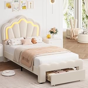 HOSTACK Twin Upholstered LED Bed Frame with Storage Drawer, Cute Girls Bed with Adjustable Lotus Headboard, Velvet Princess Platform Bed Frame, Wooden Slats Support, No Box Spring Needed, Cream