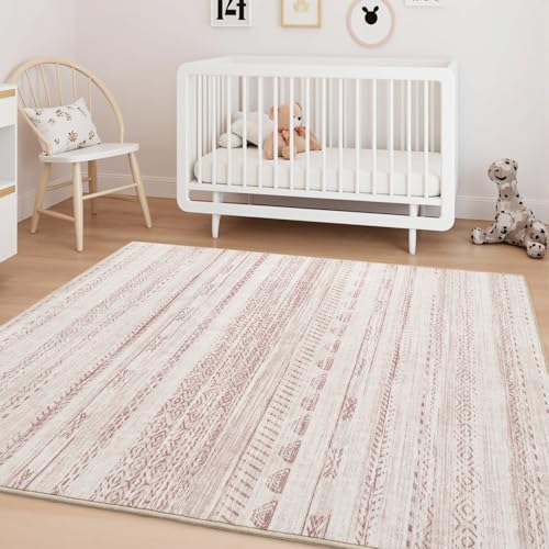 4x6 Pink Area Rugs for Living Room Machine Washable Rug Distressed Girls Nursery Rug Indoor Carpet Neutral Moroccan Boho Rug Ultra Soft Area Rug for Bedroom Dining Room Playroom Office