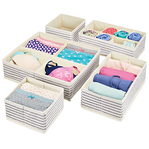 Image of mDesign Soft Fabric Dresser Drawer/Closet Divided Storage Organizer Bins for Bedroom - Holds Lingerie, Bras, Socks, Leggings, Clothes, Purses, Scarves, Lido Collection - Set of 5 - Natural/Blue Stripe