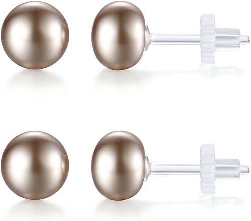 Champagne 8mm Plastic Pearl Earrings for Women – Hypoallergenic Flat Back Stud E