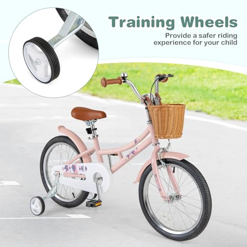 Image of BABY JOY Retro Kids Bike, 12 14 16 18 Inch Child Bike for 3-8 Years Old w /Rattan Basket, Adjustable Height, Training Wheels, Fenders, Handbrake Coaster Brake, 95% Pre-Assembled Kids Bicycle for Girls