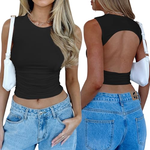 YFANG Women's Sexy Backless Crop Tank Top Ruched Summer Casual Y2K Top