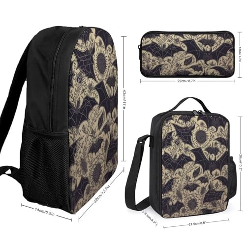 3 Piece Backpack for Women Men Lightweight Causal Daypack Shoulder Bag Set with Insulated Lunch Bag And Pencil Case Organizers Bat Pattern2