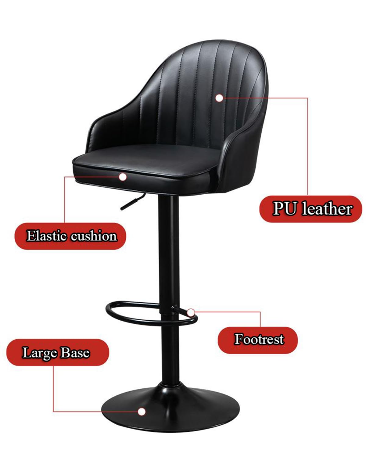 Sgabello da bar girevole, altezza regolabile con seduta e schienale imbottiti in pelle, per cucina, pub o caffetteria, da 64 a 84 cm