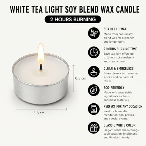 Image of Unscented Tea Light Candles | Soy Wax Blend Long-Lasting with Cotton Wick | Perfect for Home Decor, Parties, Weddings, and More | Set of 100 (White)