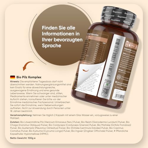Organic Mushroom Complex - Mischung aus 8 Pilzen - 180 Kapseln mit Lions Mane Pilz, Reishi, Chaga, Shiitake, Cordyceps, Kurkuma, Ingwer, Maitake - BIO Pilz Komplex - Hericium Erinaceus von WeightWorld