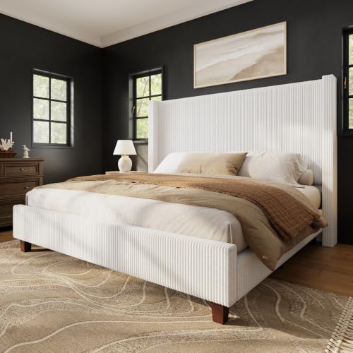 Image of HOWE Queen Size Bed Frame with 50.8 Inch Corduroy Wingback Headboard, White | Modern Upholstered Platform Bed, Solid Wood Slats, No Box Spring Needed, Noise-Reducing Design
