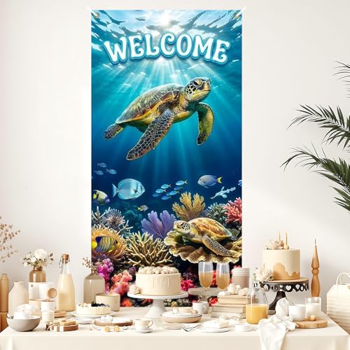 Image of Welcome Sea Turtle Door Cover Ocean Underwater Front Door Banner