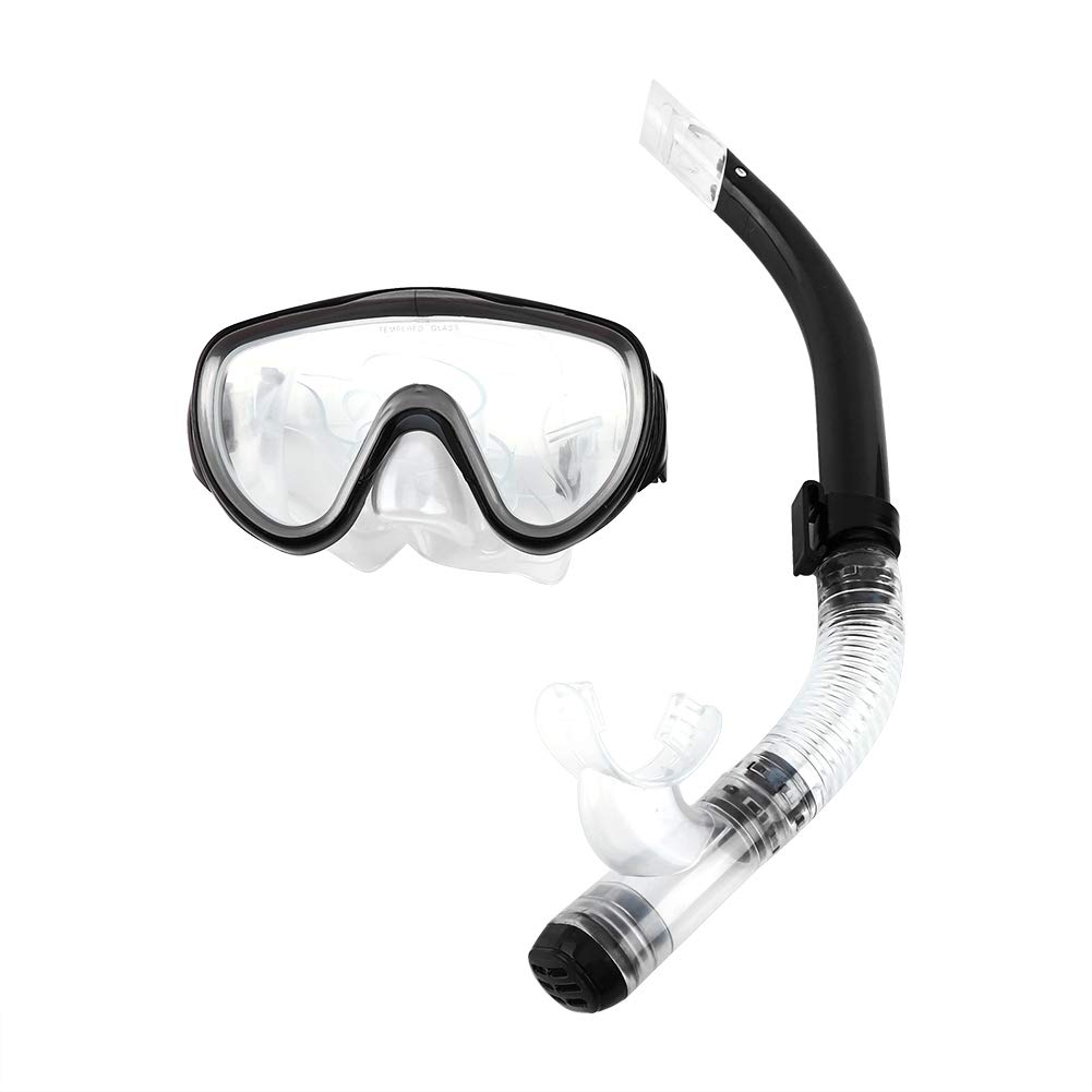 Diving Snorkeling Kit, Tempered Glass Snorkel Mask with Silicone Mouthpiece, Semi Dry Breathing Tube for Snorkeling Scuba Diving (Black)