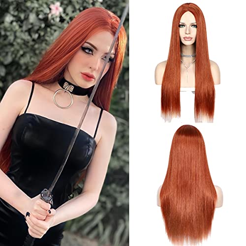 QD-Udreamy Red Orange Natural Long None Lace Women Wigs Christmas Women Cosplay Wigs Gifts for Women Heat Resistant Fiber Synthetic Wigs for Black & White Women 24''