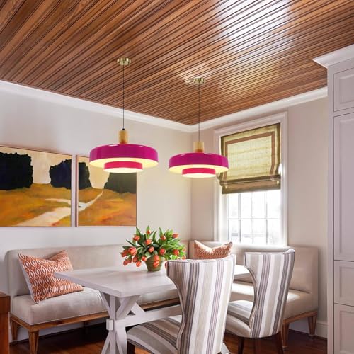 Image of Natural Wood Pendant Light Kitchen Island, 13.8 inch Purple Pendant Light Fixtures, 2 Packs Rustic Ceiling Lights, Industrial Adjustable Hanging Lamp with E26 Base for Bedroom Living Room