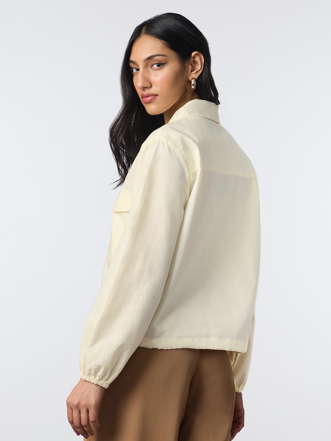 The Souled Store Shack in cotone e lino: bianco sporco da donna e ragazza a maniche lunghe collo con colletto cerniera frontale in misto cotone tinta unita vestibilità oversize camicia casual leggera