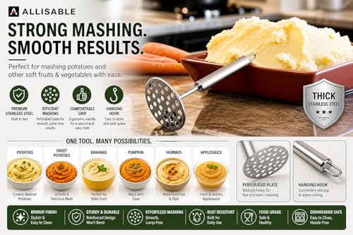 Image of Stainless Steel Potato Masher | Heavy Duty Vegetable Masher with Ergonomic Handle | Rust Resistant Cooking Tools